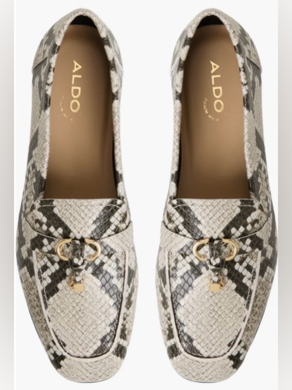 Aldo Women's Snake-Print Loafers in Cream and Black with Gold Accent Size 5